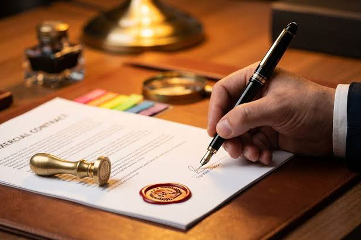 Commercial arbitration and dispute settlement agreement being signed with official wax seal