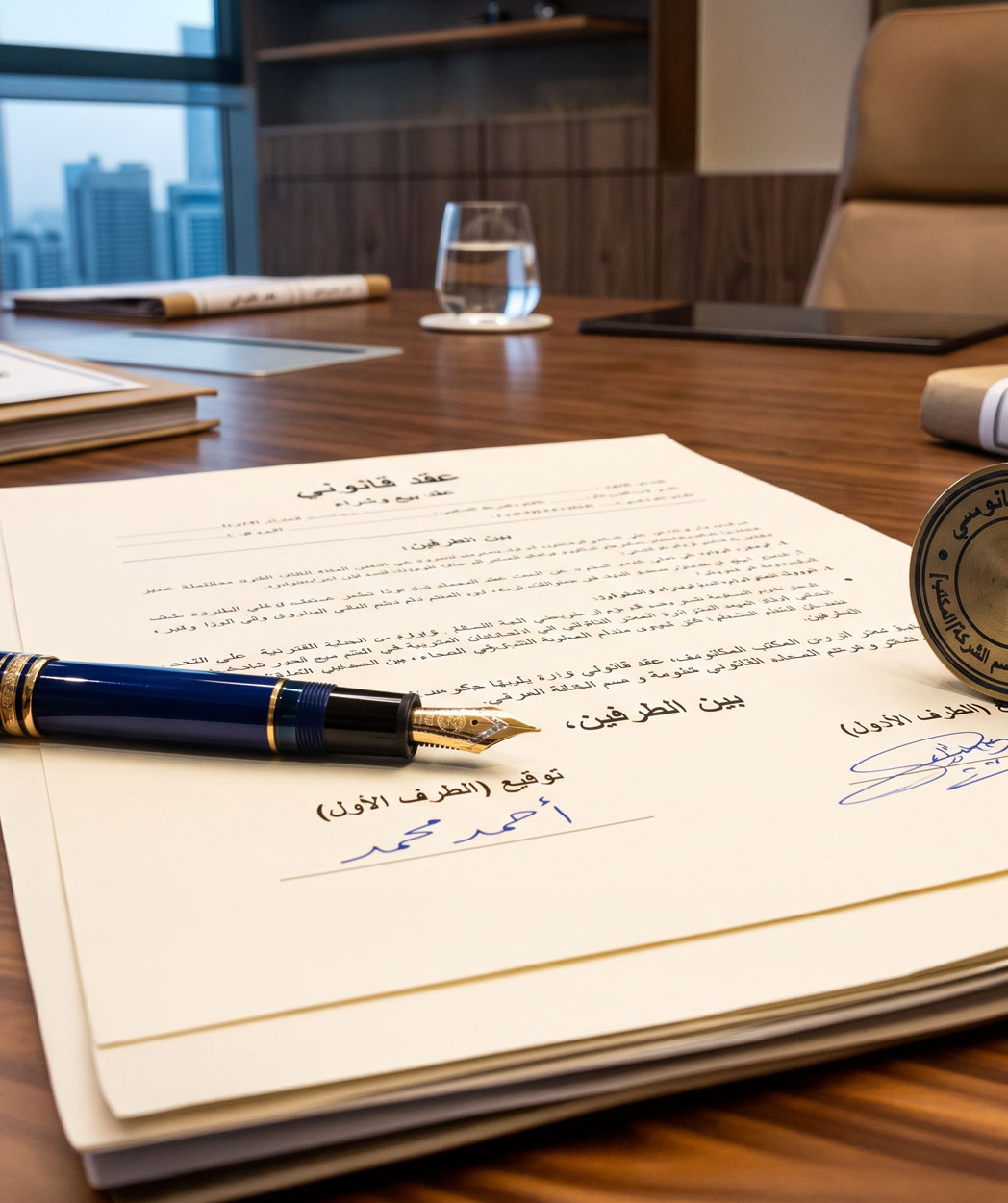 Signed Arabic legal contract with pen and official seal, representing Mohamed Abo Khatwa's legal consultation process
